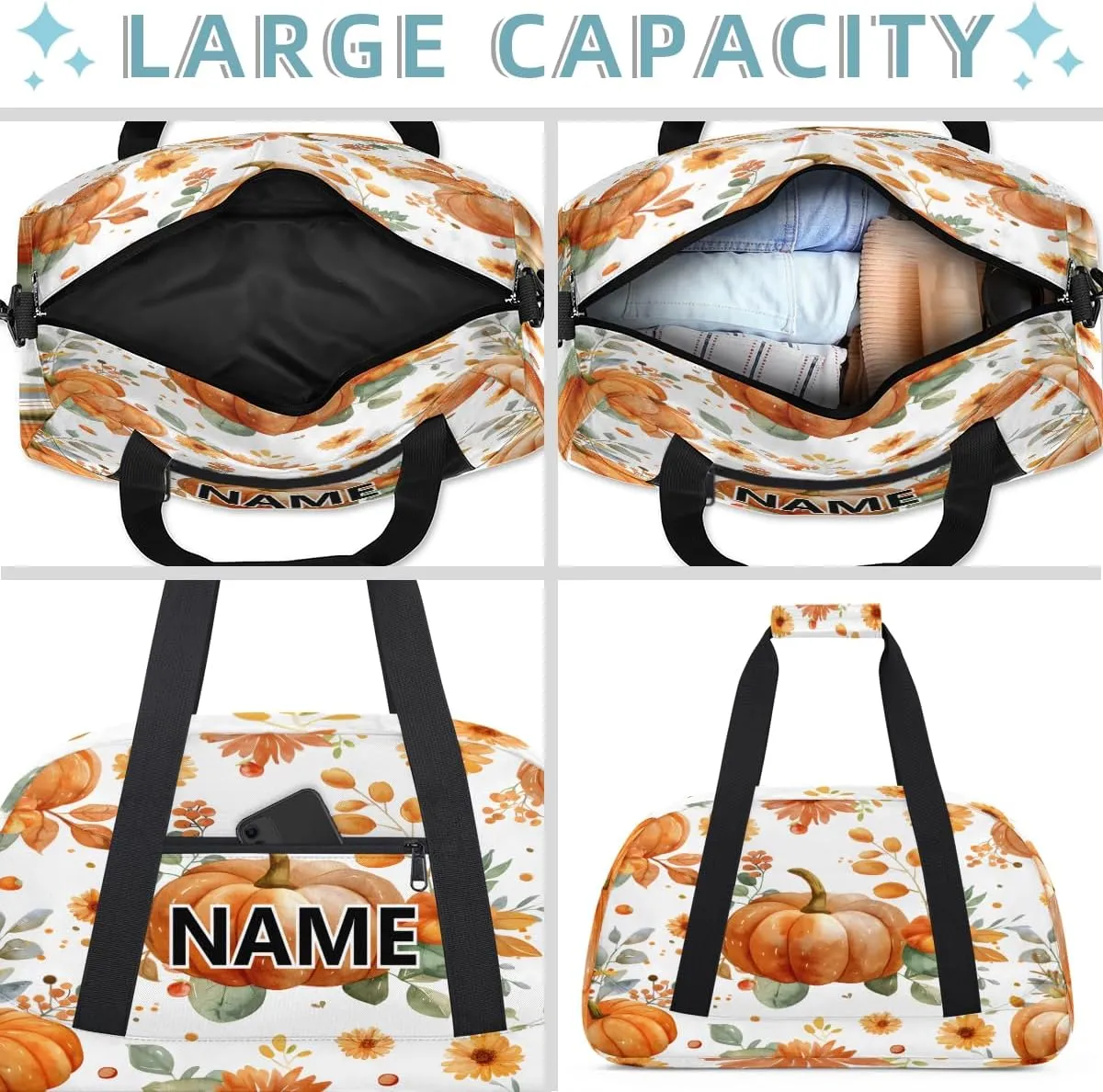 Thanksgiving Mini Gym Bag 18 inch for Women Men Waterproof Custom Pumpkin Travel Duffel Bag Carry On Overnight Tote Nurse Bag for Work Fitness Hiking