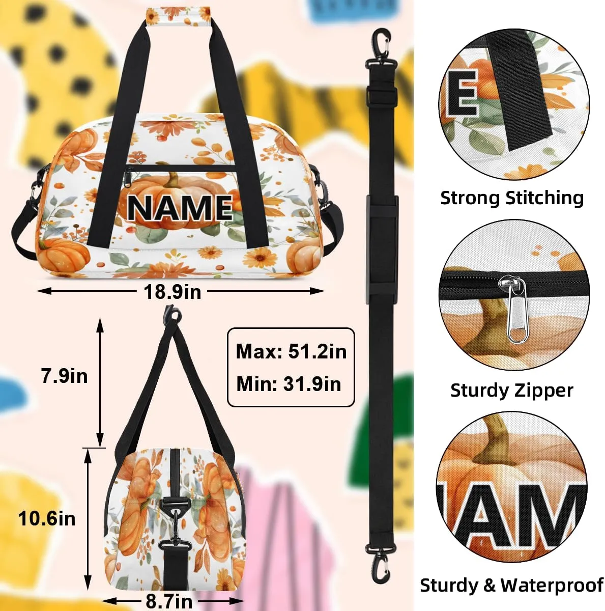 Thanksgiving Mini Gym Bag 18 inch for Women Men Waterproof Custom Pumpkin Travel Duffel Bag Carry On Overnight Tote Nurse Bag for Work Fitness Hiking