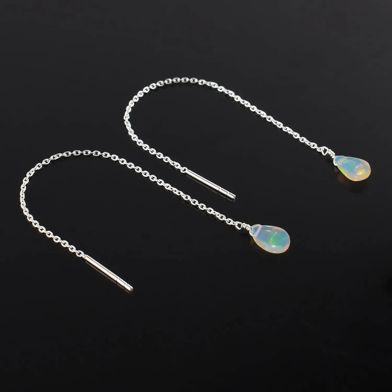Threader Earrings, Natural AA Ultra Fire Ethiopian Opal Gemstones Crystals, Handmade Dangling Piercing Earrings, Pull-Through Design Silver Plated Earrings, Birthday Women Jewelry Gift