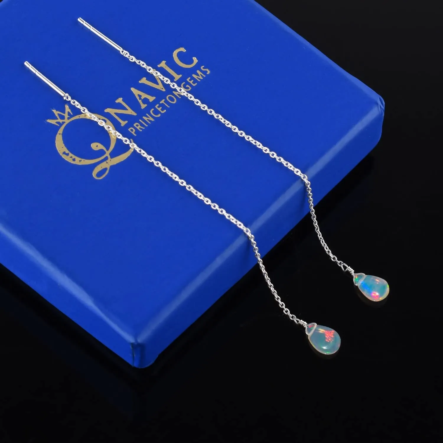 Threader Earrings, Natural AA Ultra Fire Ethiopian Opal Gemstones Crystals, Handmade Dangling Piercing Earrings, Pull-Through Design Silver Plated Earrings, Birthday Women Jewelry Gift