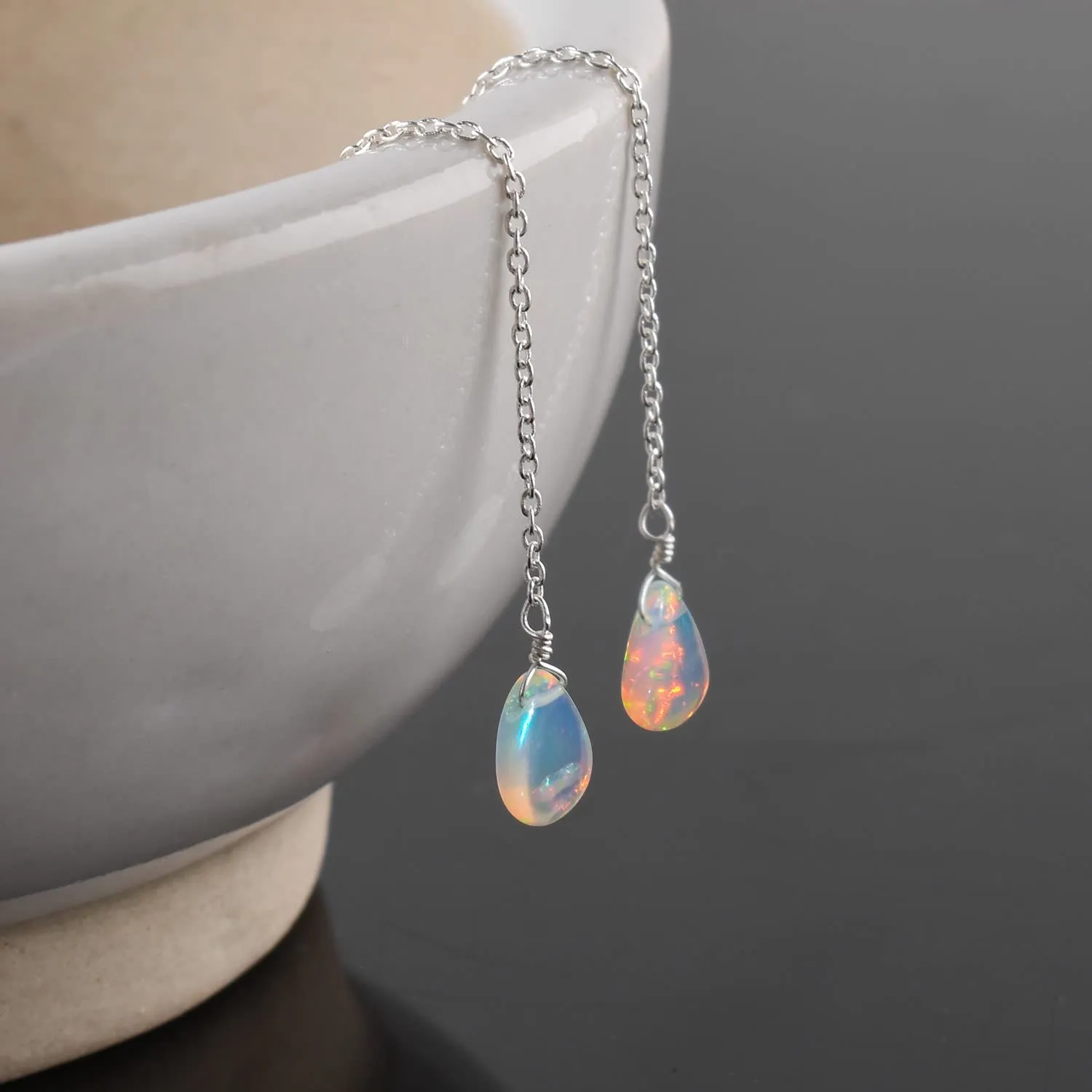 Threader Earrings, Natural AA Ultra Fire Ethiopian Opal Gemstones Crystals, Handmade Dangling Piercing Earrings, Pull-Through Design Silver Plated Earrings, Birthday Women Jewelry Gift