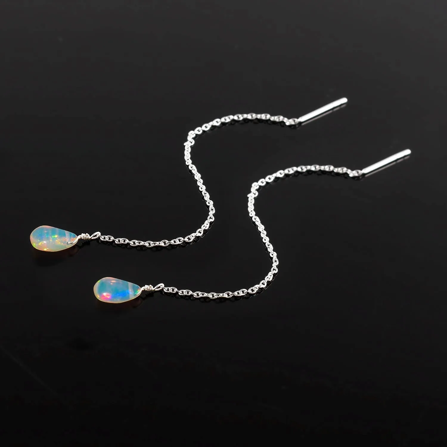Threader Earrings, Natural AA Ultra Fire Ethiopian Opal Gemstones Crystals, Handmade Dangling Piercing Earrings, Pull-Through Design Silver Plated Earrings, Birthday Women Jewelry Gift