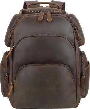 TIDING Men's Full Grain Leather 16" Laptop Backpack Multi Pockets Business Weekender Daypack 21L Travel Rucksack