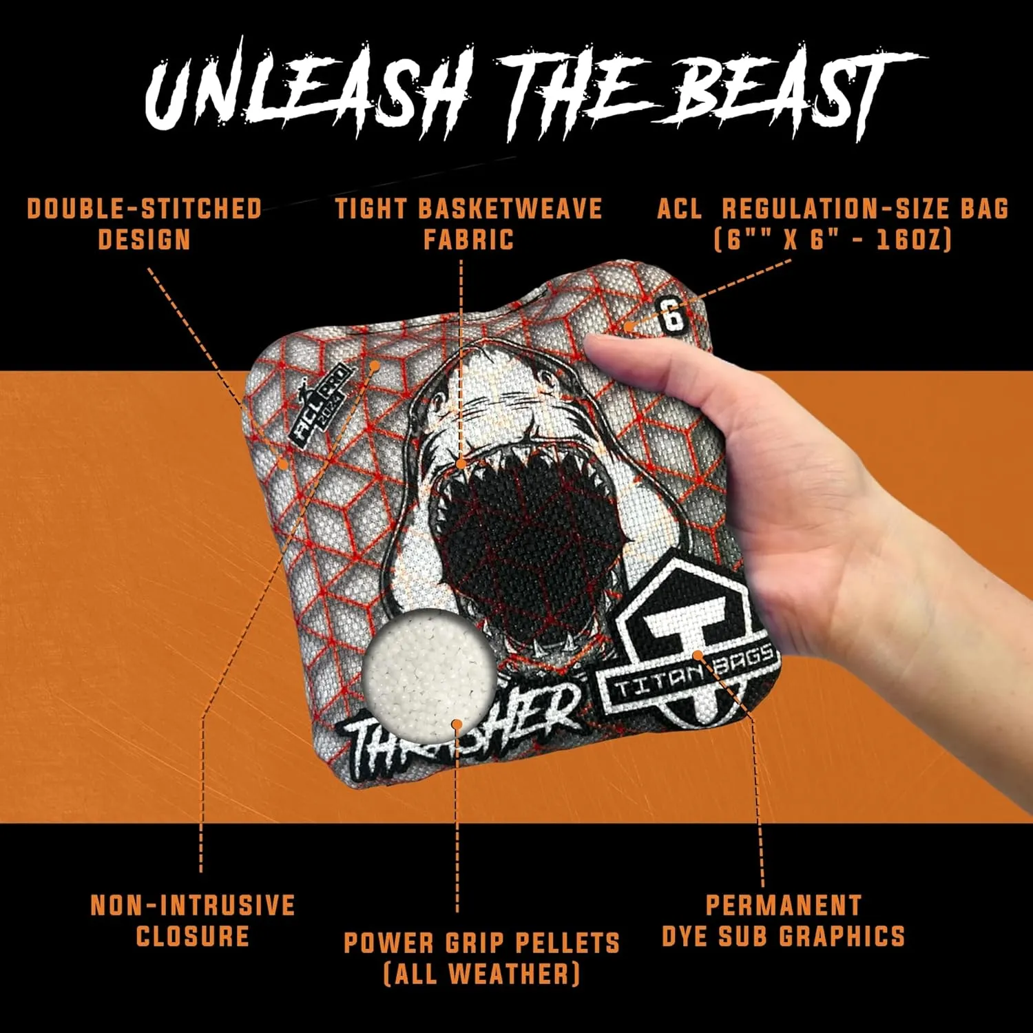 Titan Bags Thrasher Cornhole Bags - 6"x6" ACL PRO Approved Tournament-Grade, Durable Dual-Sided for Precision Shots, All-Weather Power Grip Pellets for Indoor & Outdoor Tossing - Set of 4