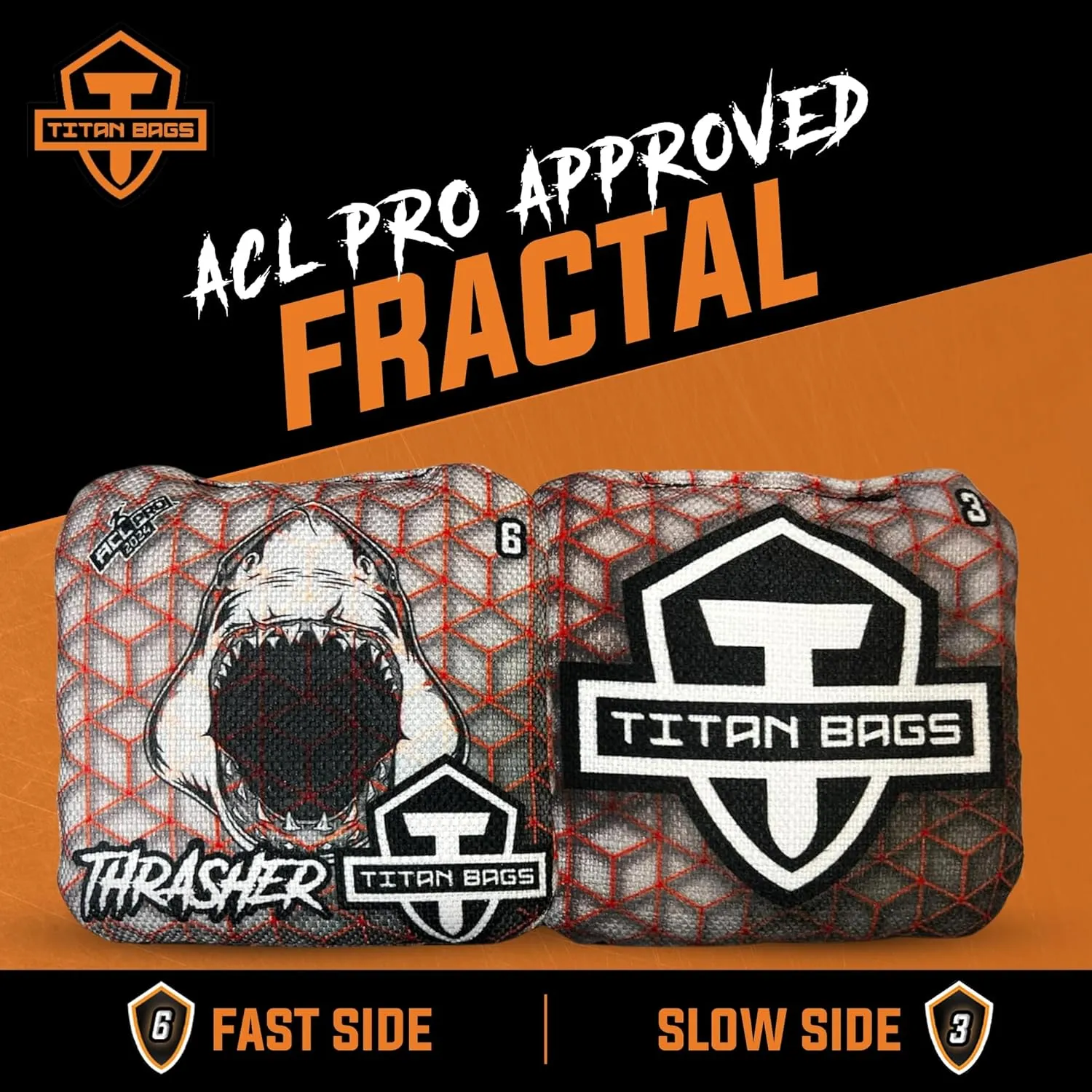 Titan Bags Thrasher Cornhole Bags - 6"x6" ACL PRO Approved Tournament-Grade, Durable Dual-Sided for Precision Shots, All-Weather Power Grip Pellets for Indoor & Outdoor Tossing - Set of 4