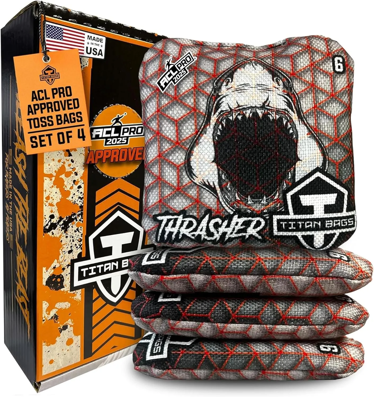 Titan Bags Thrasher Cornhole Bags - 6"x6" ACL PRO Approved Tournament-Grade, Durable Dual-Sided for Precision Shots, All-Weather Power Grip Pellets for Indoor & Outdoor Tossing - Set of 4