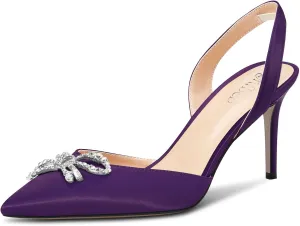 TNYNFBEB Womens Mid Heel Pointed Toe Pumps Ankle Strap Slingback Buckle Rhinestone Crystal Bow-Knot Party Basic Classic 3.2 Inches Heels