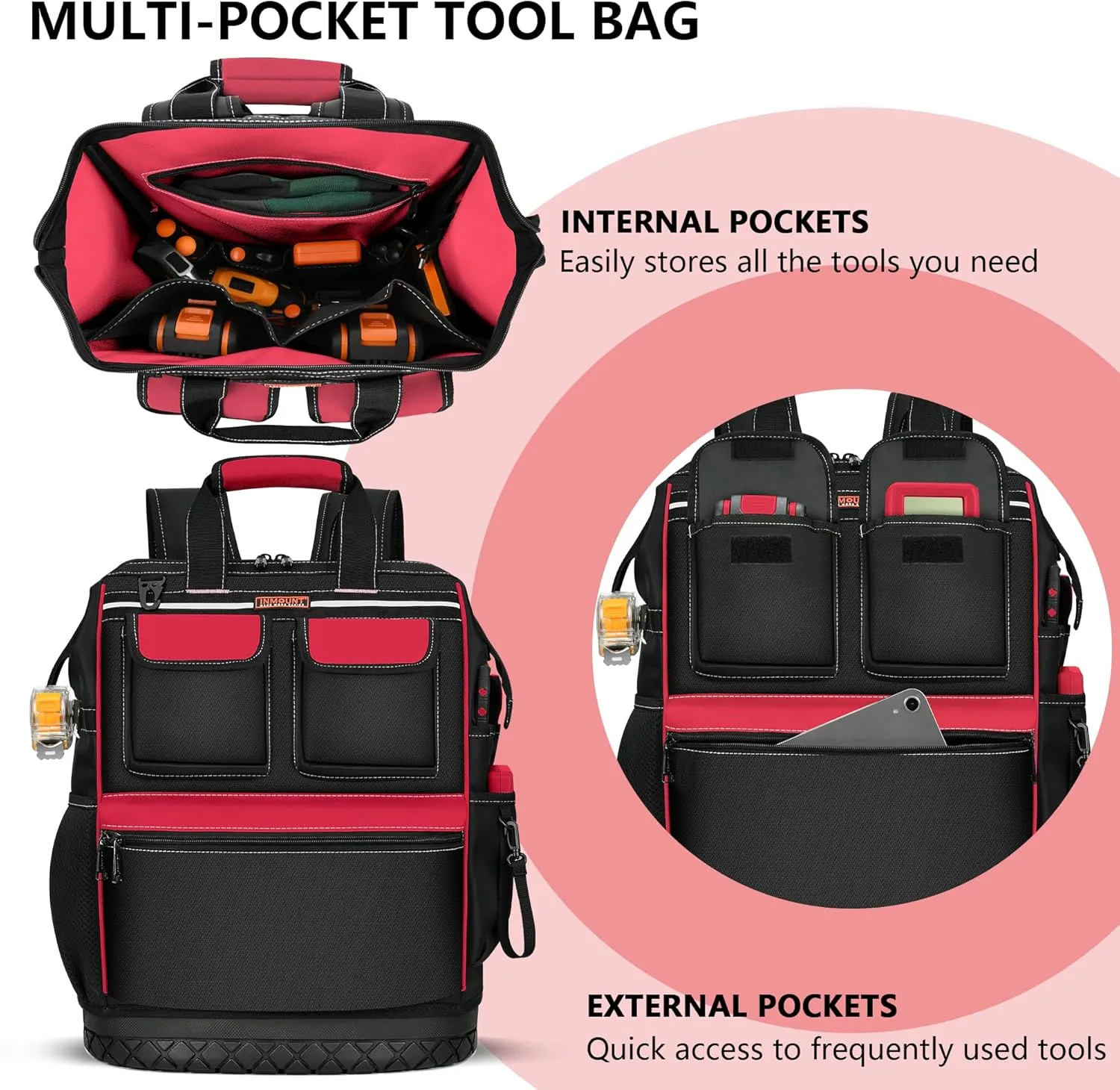 Tool Backpack Bag Heavy Duty, Wide Mouth Electrician Backpack for Men, Durable HVAC Tool Bags for Construction Engineer, Waterproof Tools Bag Organizer with Combination Lock, Red