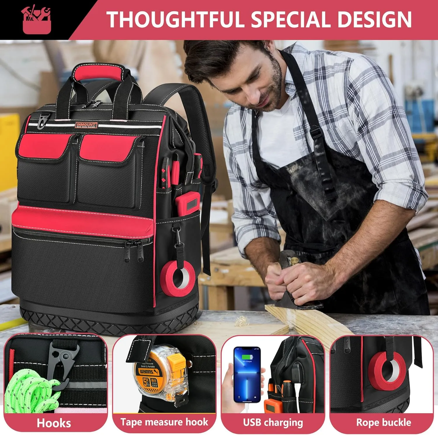 Tool Backpack Bag Heavy Duty, Wide Mouth Electrician Backpack for Men, Durable HVAC Tool Bags for Construction Engineer, Waterproof Tools Bag Organizer with Combination Lock, Red