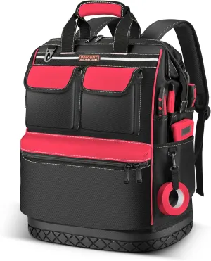 Tool Backpack Bag Heavy Duty, Wide Mouth Electrician Backpack for Men, Durable HVAC Tool Bags for Construction Engineer, Waterproof Tools Bag Organizer with Combination Lock, Red