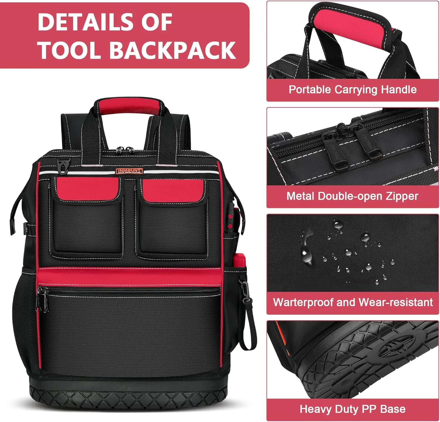 Tool Backpack Bag Heavy Duty, Wide Mouth Electrician Backpack for Men, Durable HVAC Tool Bags for Construction Engineer, Waterproof Tools Bag Organizer with Combination Lock, Red