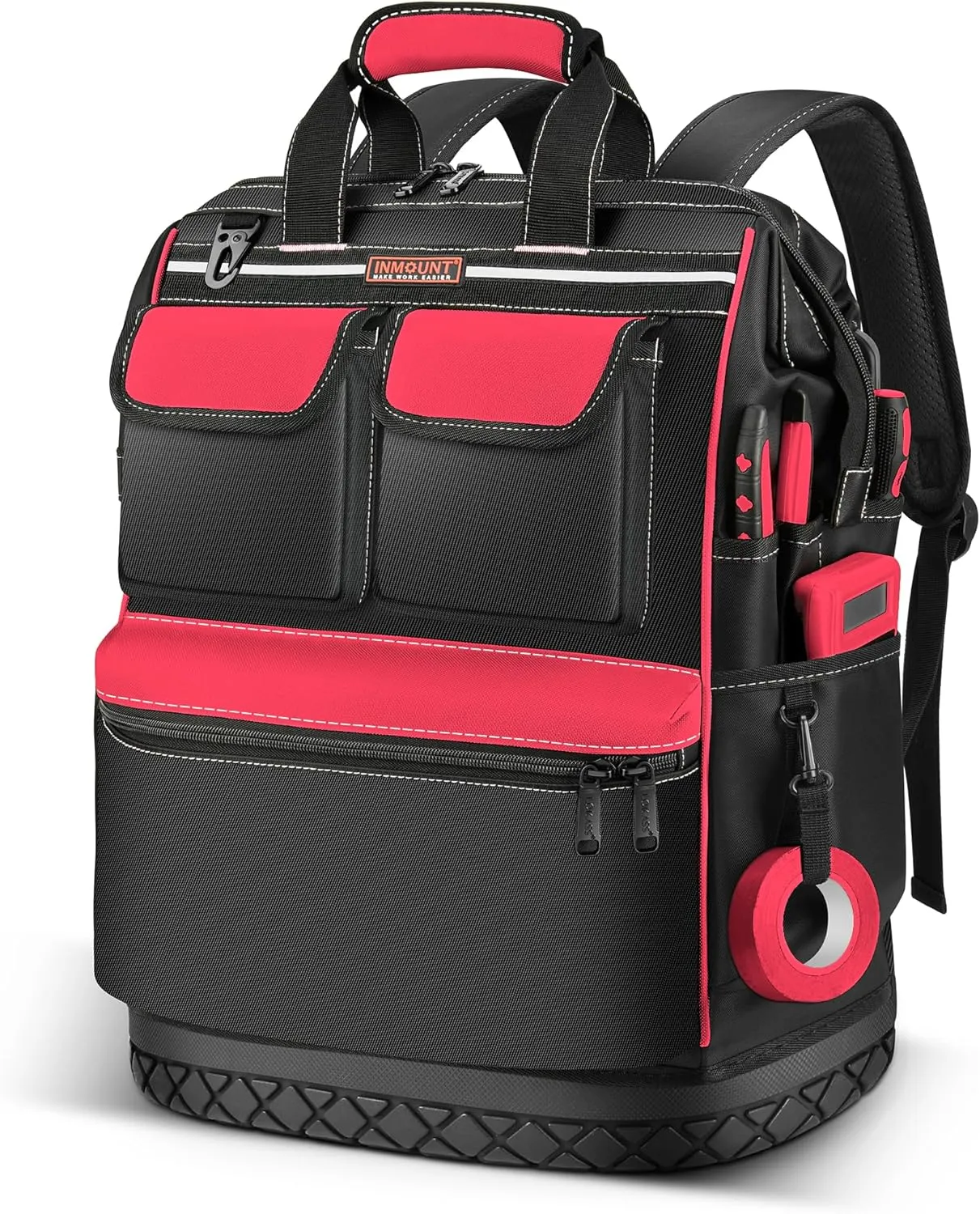 Tool Backpack Bag Heavy Duty, Wide Mouth Electrician Backpack for Men, Durable HVAC Tool Bags for Construction Engineer, Waterproof Tools Bag Organizer with Combination Lock, Red