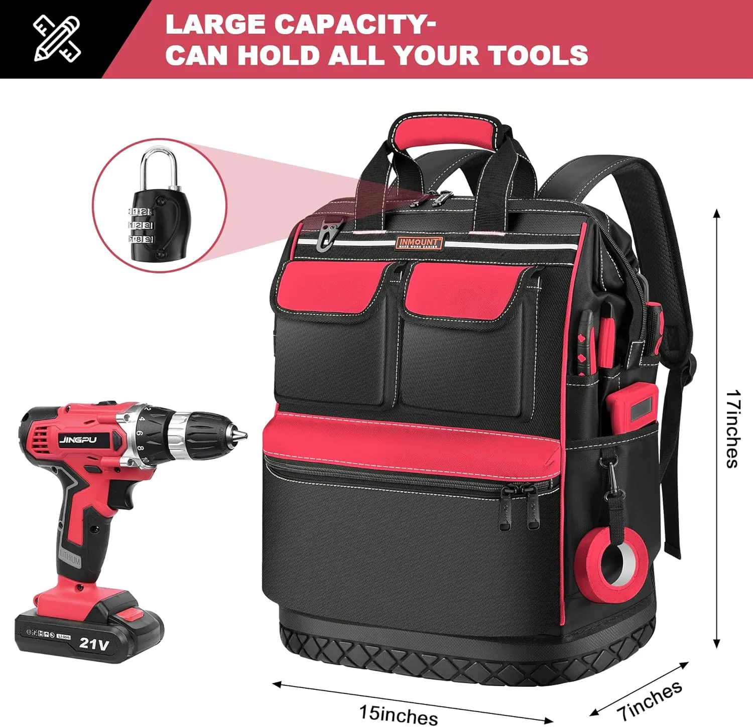 Tool Backpack Bag Heavy Duty, Wide Mouth Electrician Backpack for Men, Durable HVAC Tool Bags for Construction Engineer, Waterproof Tools Bag Organizer with Combination Lock, Red