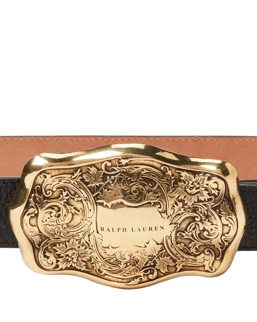 Tooled-Buckle Pebbled Calfskin Belt in Black