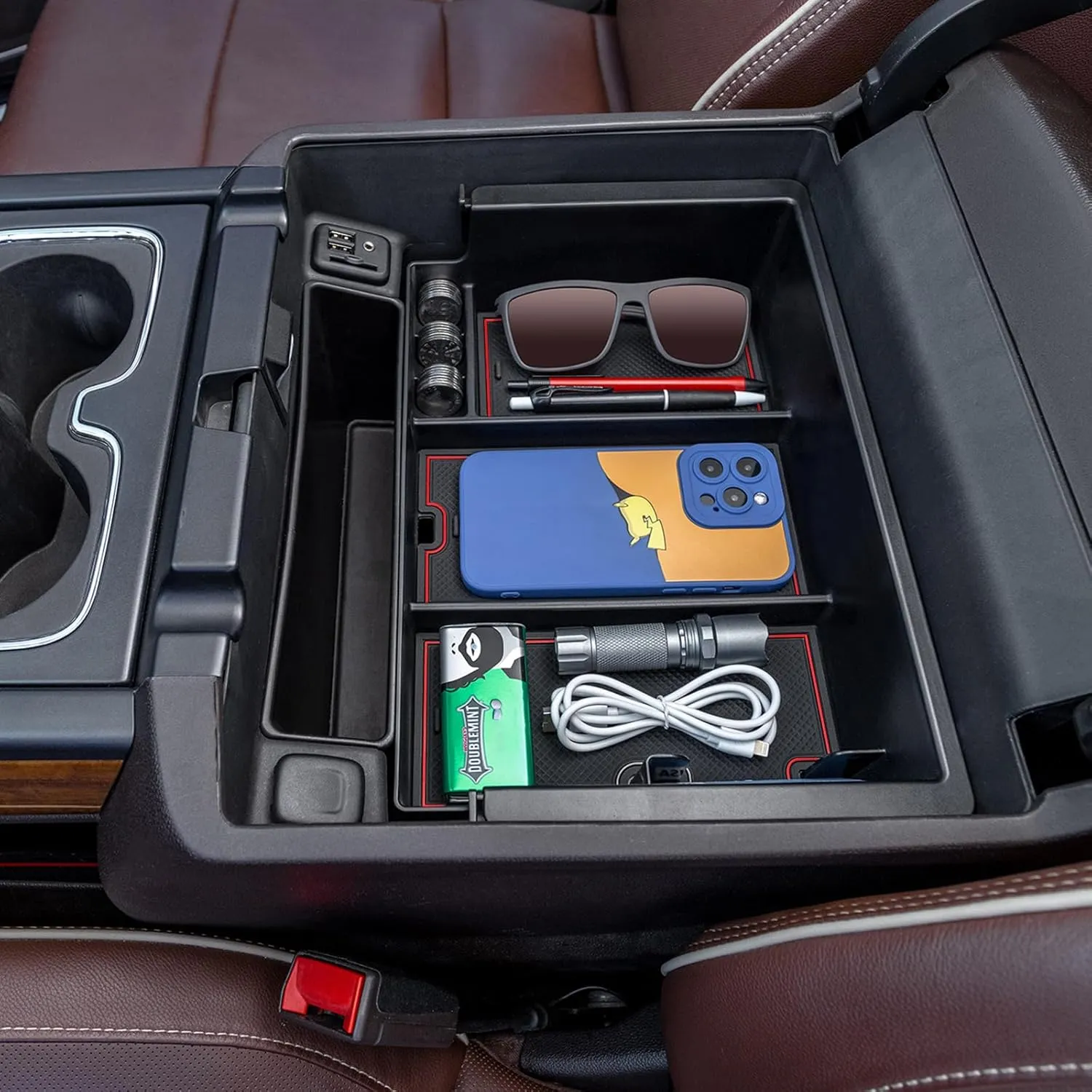 TOPINSTALL Red Full-Size New Center Console Tray Compatible with 2014-2018 Chevy Silverado/GMC Sierra and 2015-2020 Chevy Tahoe/Suburban/GMC Yukon/Yukon XL (Full Console w/Bucket Seats ONLY)