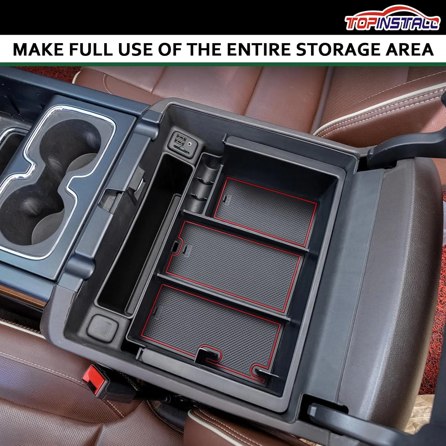 TOPINSTALL Red Full-Size New Center Console Tray Compatible with 2014-2018 Chevy Silverado/GMC Sierra and 2015-2020 Chevy Tahoe/Suburban/GMC Yukon/Yukon XL (Full Console w/Bucket Seats ONLY)