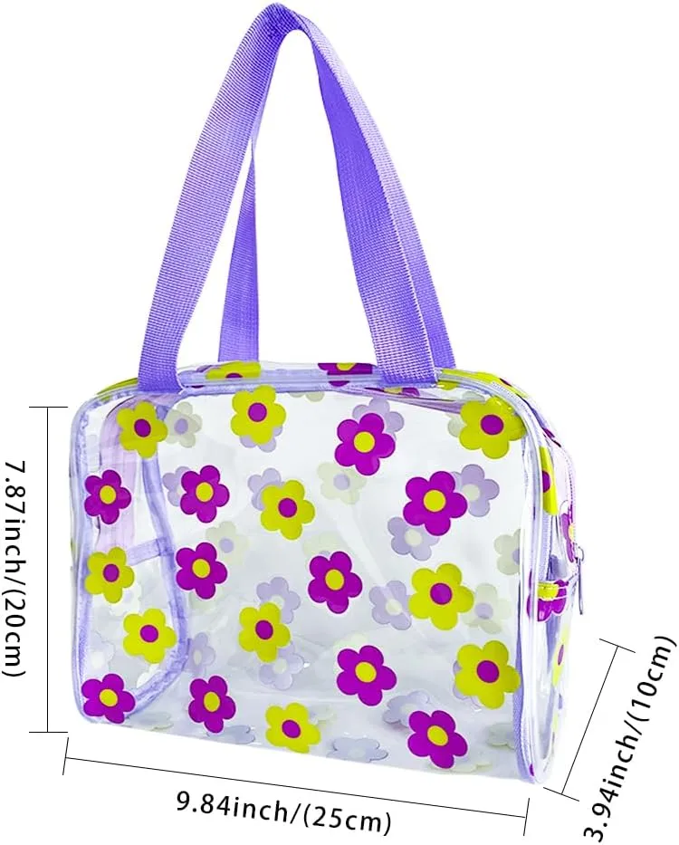 TotePrint Clear Floral Hand Bag and Travel Cosmetics Pouch with Handle,Durable Waterproof PVC Versatile Smooth Zipper Design (White Yellow)