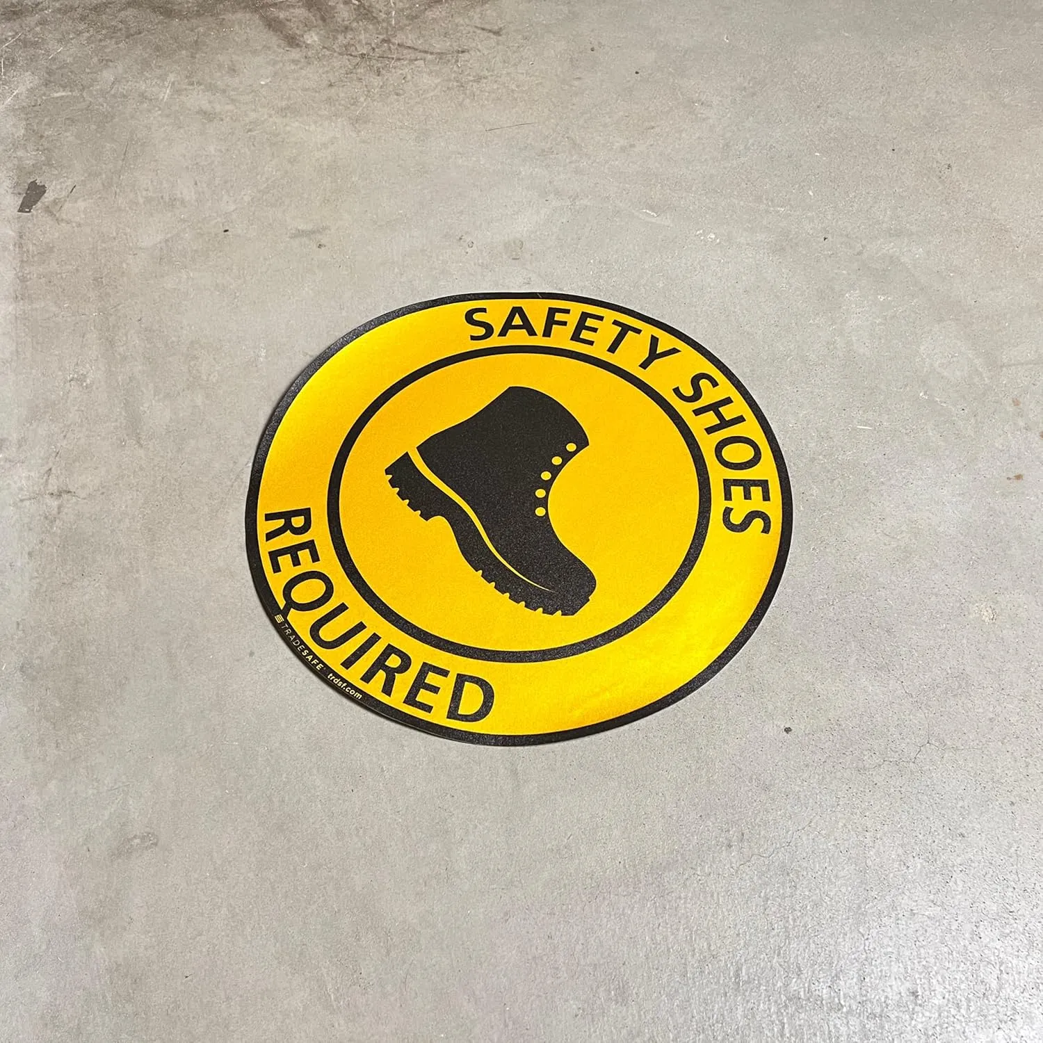 TRADESAFE Safety Shoes Required Anti-Slip Floor Sticker - Closed Toe Shoes Required Caution Sign, Peel and Stick Adhesive Vinyl Sign, ANSI-Compliant, 17” Diameter Round Sticker
