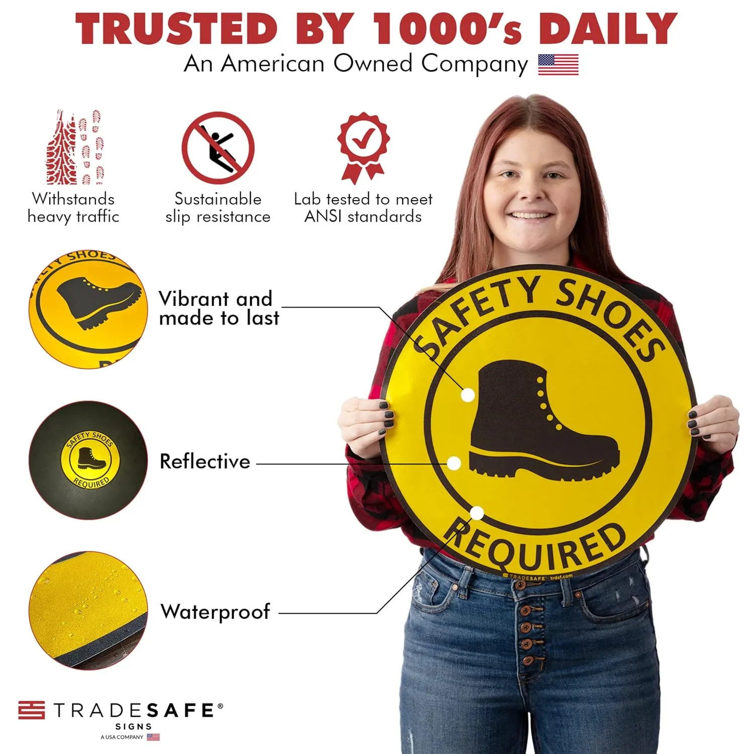 TRADESAFE Safety Shoes Required Anti-Slip Floor Sticker - Closed Toe Shoes Required Caution Sign, Peel and Stick Adhesive Vinyl Sign, ANSI-Compliant, 17” Diameter Round Sticker