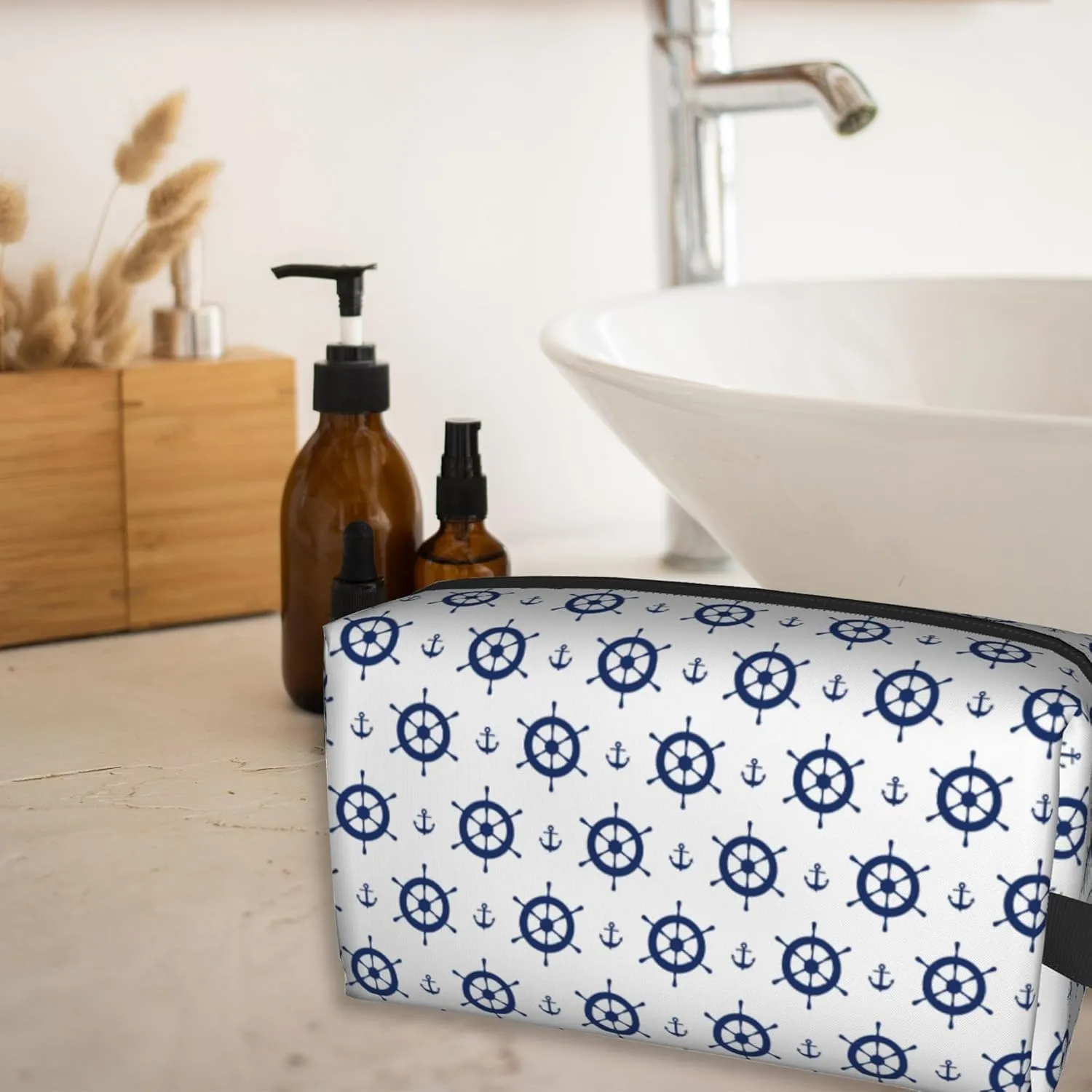 Travel Cosmetic Bag Anchors and Steering Wheels Travel Makeup Bag Large Organizer Toiletries Makeup Brush Beauty Accessories Creative Toiletry Bag for Men and Women