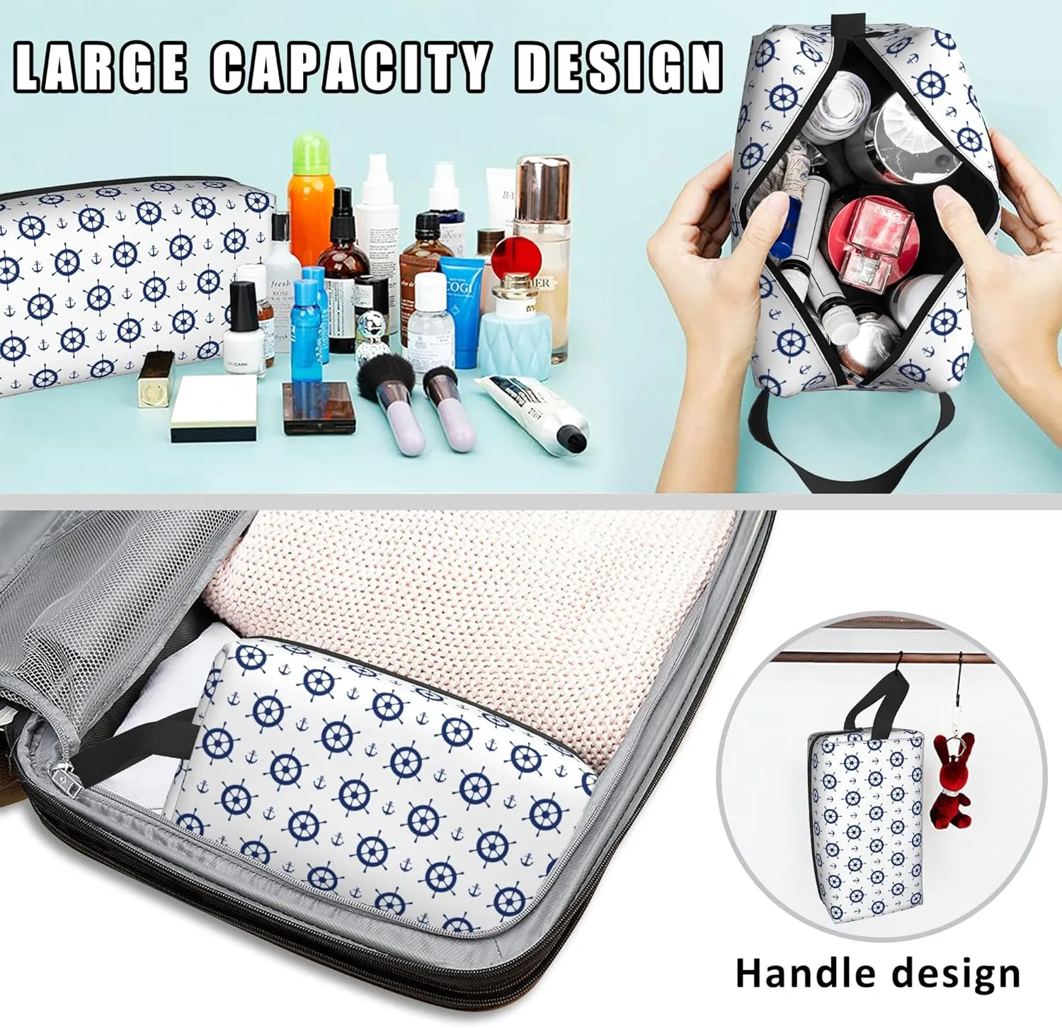Travel Cosmetic Bag Anchors and Steering Wheels Travel Makeup Bag Large Organizer Toiletries Makeup Brush Beauty Accessories Creative Toiletry Bag for Men and Women