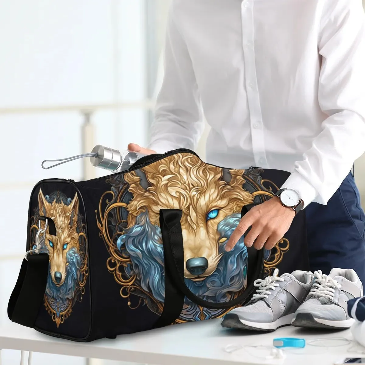 Travel Duffel Bag, Boho Animal Wolf Vintage Sports Tote Gym Bag Foldable Western Aztec Weekender Bag Carry on Luggage Handle Bag Overnight Shoulder Bag for Women Men,A-1078