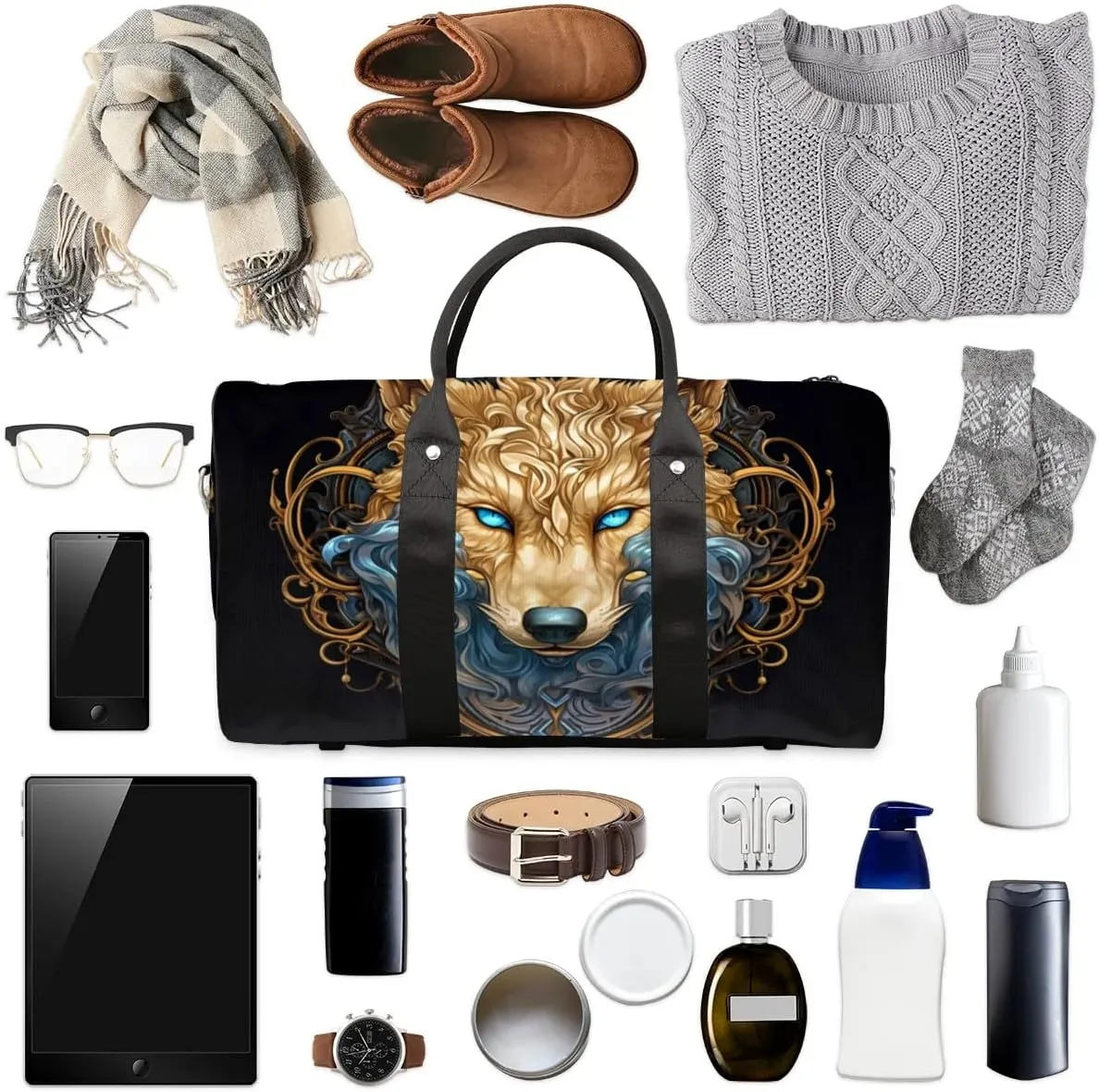 Travel Duffel Bag, Boho Animal Wolf Vintage Sports Tote Gym Bag Foldable Western Aztec Weekender Bag Carry on Luggage Handle Bag Overnight Shoulder Bag for Women Men,A-1078