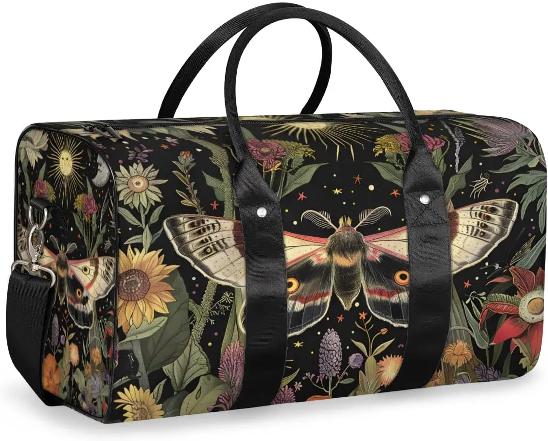 Travel Duffel Bag, Boho Moth Flower Floral Sports Tote Gym Bag Foldable Western Aztec Weekender Bag Carry on Luggage Handle Bag Overnight Shoulder Bag for Women Men,A-1495
