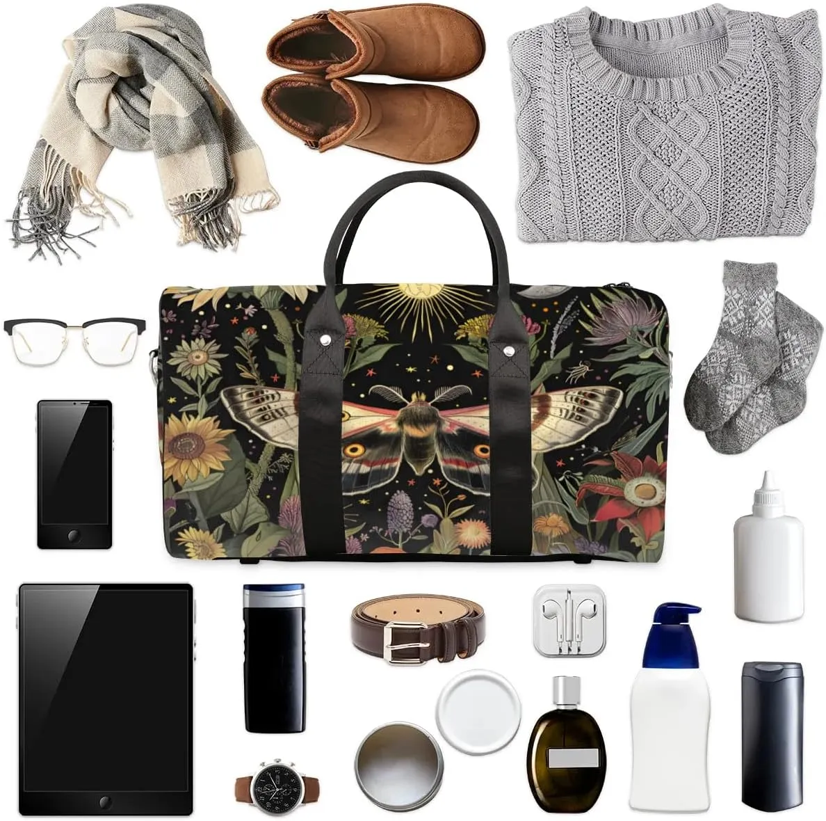 Travel Duffel Bag, Boho Moth Flower Floral Sports Tote Gym Bag Foldable Western Aztec Weekender Bag Carry on Luggage Handle Bag Overnight Shoulder Bag for Women Men,A-1495