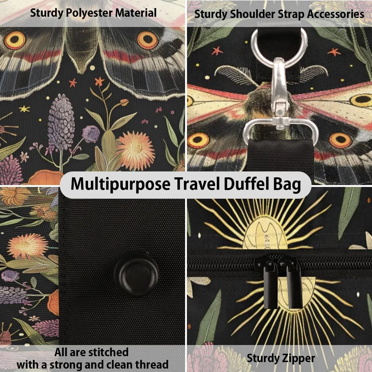 Travel Duffel Bag, Boho Moth Flower Floral Sports Tote Gym Bag Foldable Western Aztec Weekender Bag Carry on Luggage Handle Bag Overnight Shoulder Bag for Women Men,A-1495