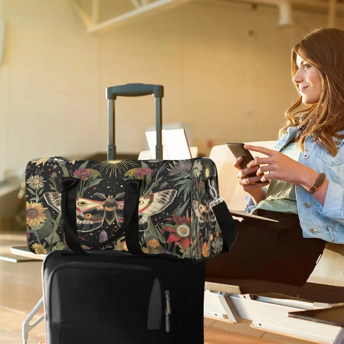 Travel Duffel Bag, Boho Moth Flower Floral Sports Tote Gym Bag Foldable Western Aztec Weekender Bag Carry on Luggage Handle Bag Overnight Shoulder Bag for Women Men,A-1495