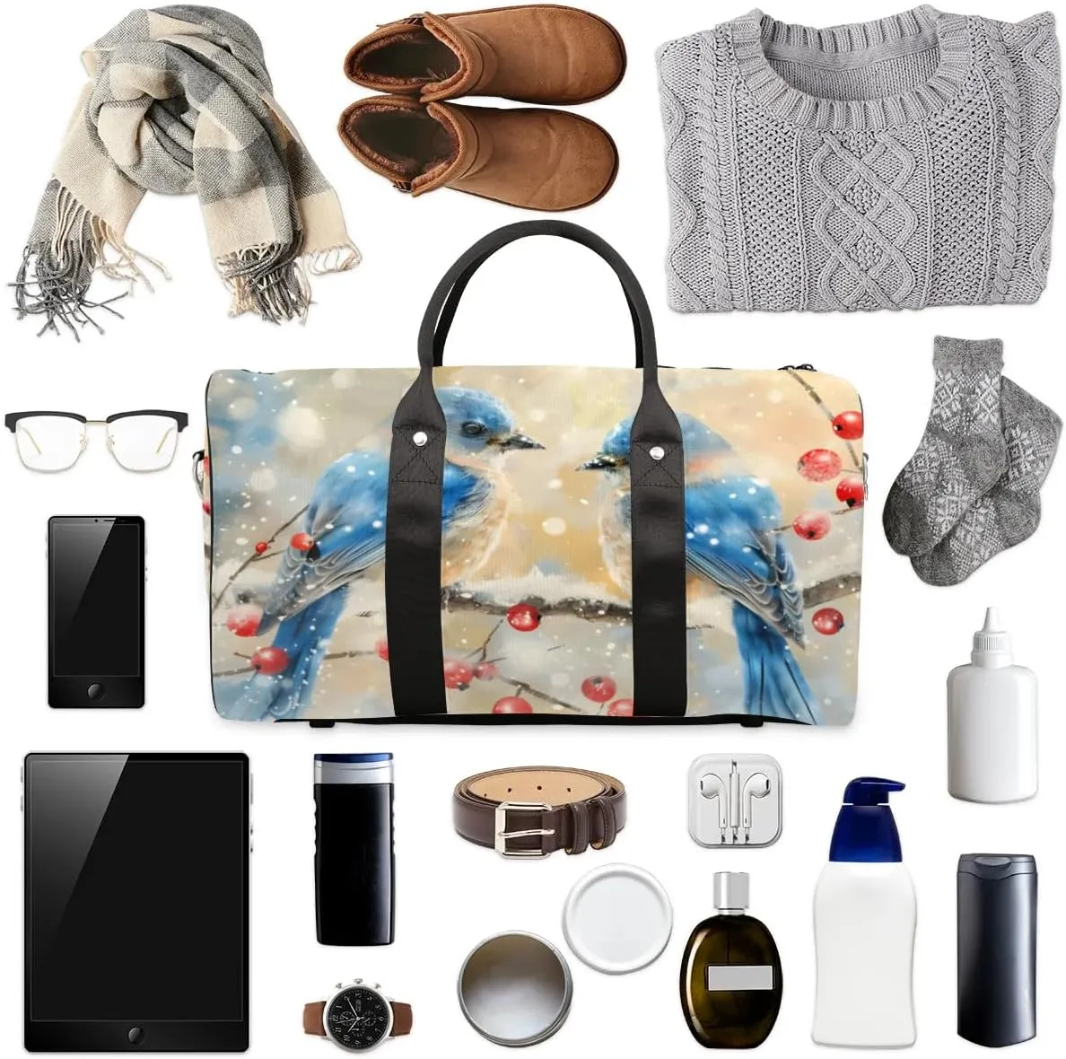 Travel Duffel Bag, Christmas Berries Winter Bird Sports Tote Gym Bag Foldable Western Aztec Weekender Bag Carry on Luggage Handle Bag Overnight Shoulder Bag for Women Men,A-1427