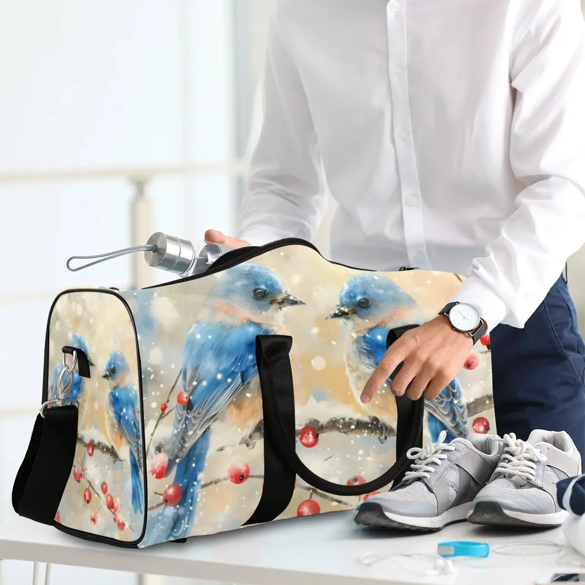 Travel Duffel Bag, Christmas Berries Winter Bird Sports Tote Gym Bag Foldable Western Aztec Weekender Bag Carry on Luggage Handle Bag Overnight Shoulder Bag for Women Men,A-1427