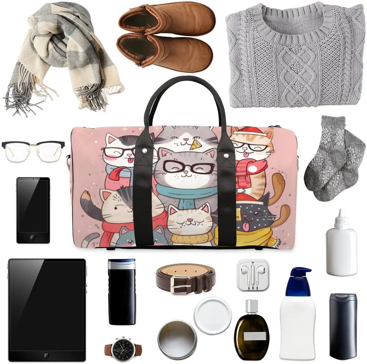 Travel Duffel Bag, Christmas Cute Animal Cat Sports Tote Gym Bag Foldable Western Aztec Weekender Bag Carry on Luggage Handle Bag Overnight Shoulder Bag for Women Men,A-1429
