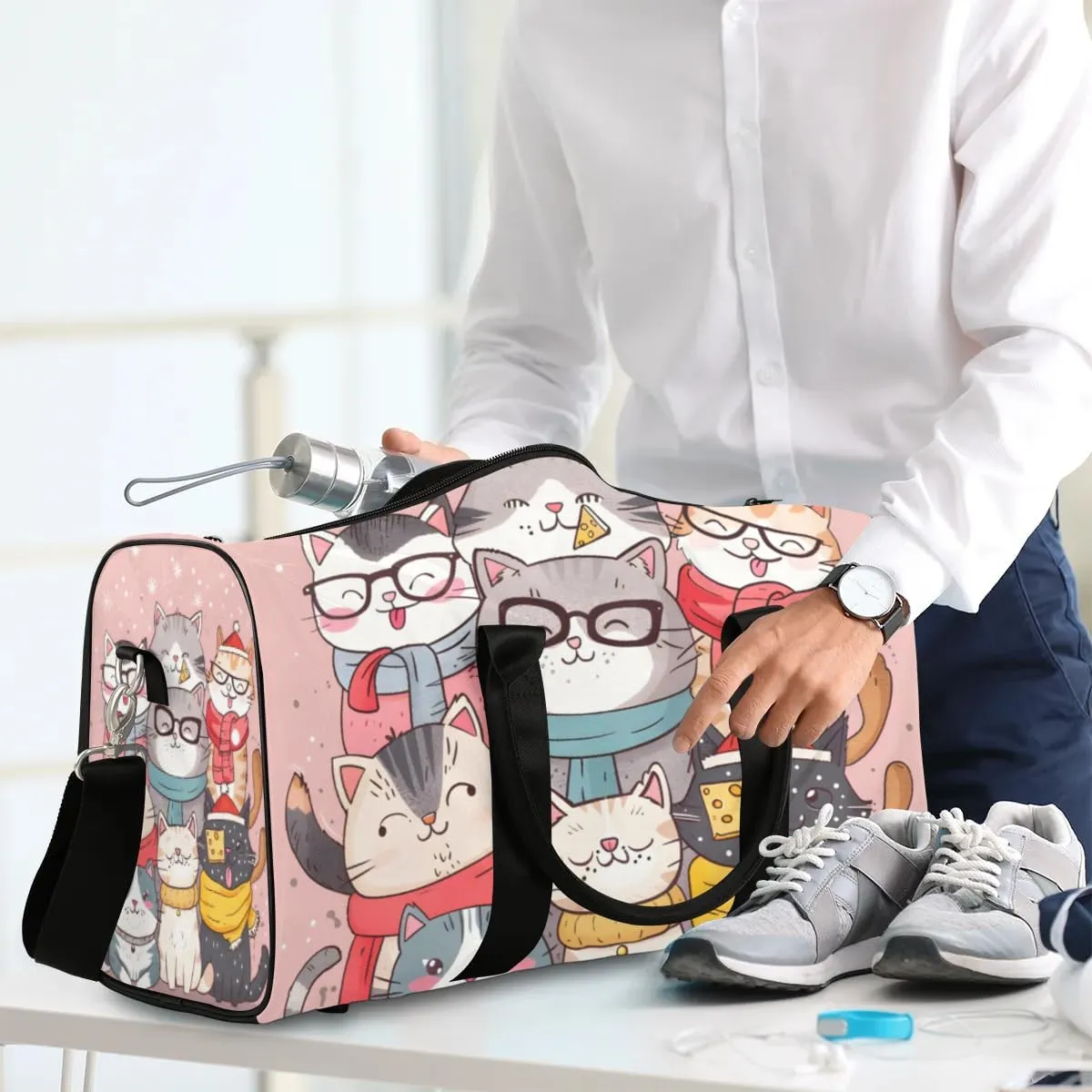 Travel Duffel Bag, Christmas Cute Animal Cat Sports Tote Gym Bag Foldable Western Aztec Weekender Bag Carry on Luggage Handle Bag Overnight Shoulder Bag for Women Men,A-1429
