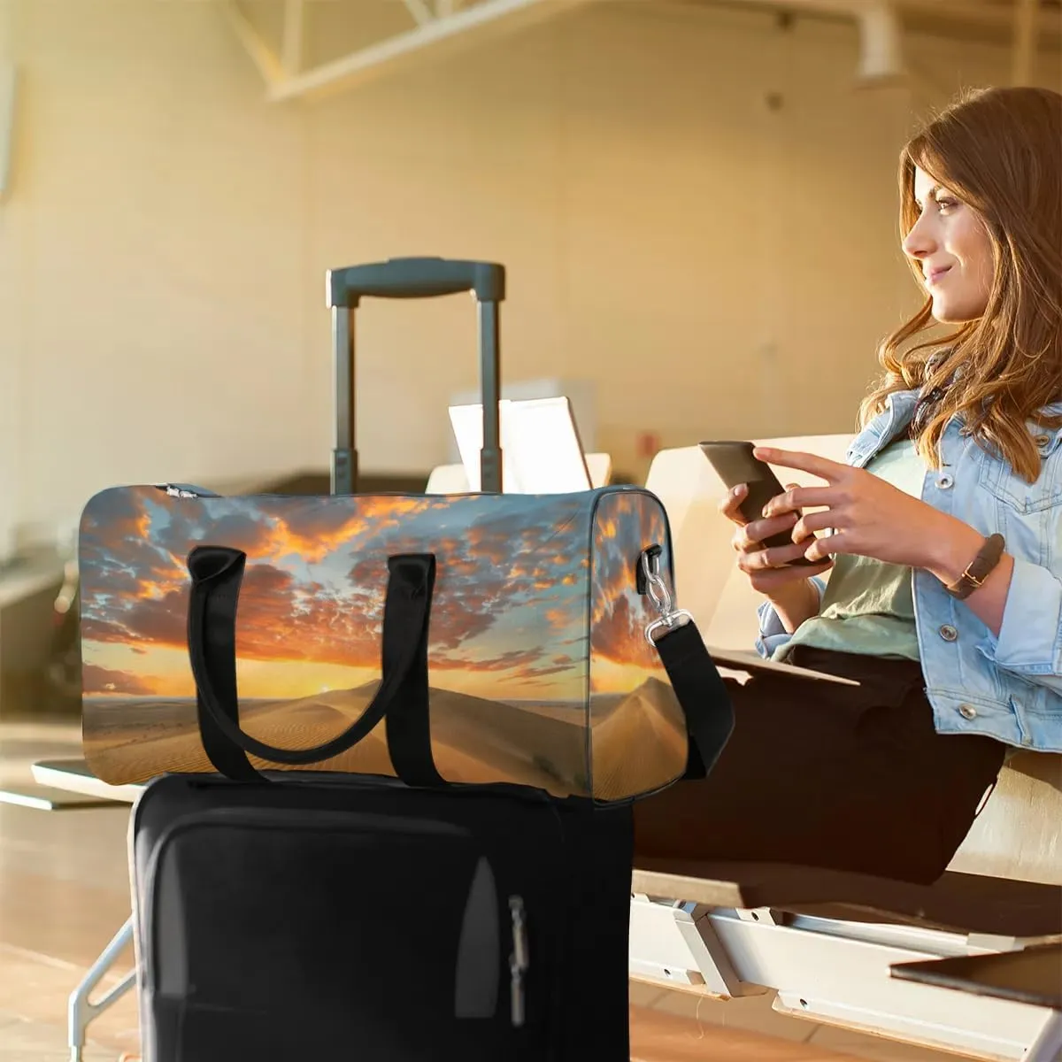 Travel Duffel Bag, Desert Scenic Sports Tote Gym Bag Foldable Western Aztec Weekender Bag Carry on Luggage Handle Bag Overnight Shoulder Bag for Women Men,A-1895