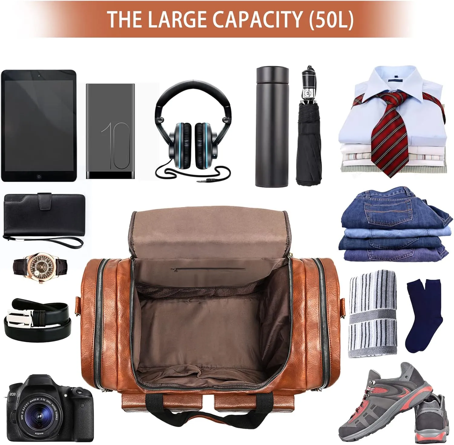 Travel Duffel Bag for Men, Large PU Leather Carry on Duffle Bag for Traveling, Waterproof Overnight Weekender Gym Bags with Shoe Compartment - Perfect for Daily Use/Birthday Gift