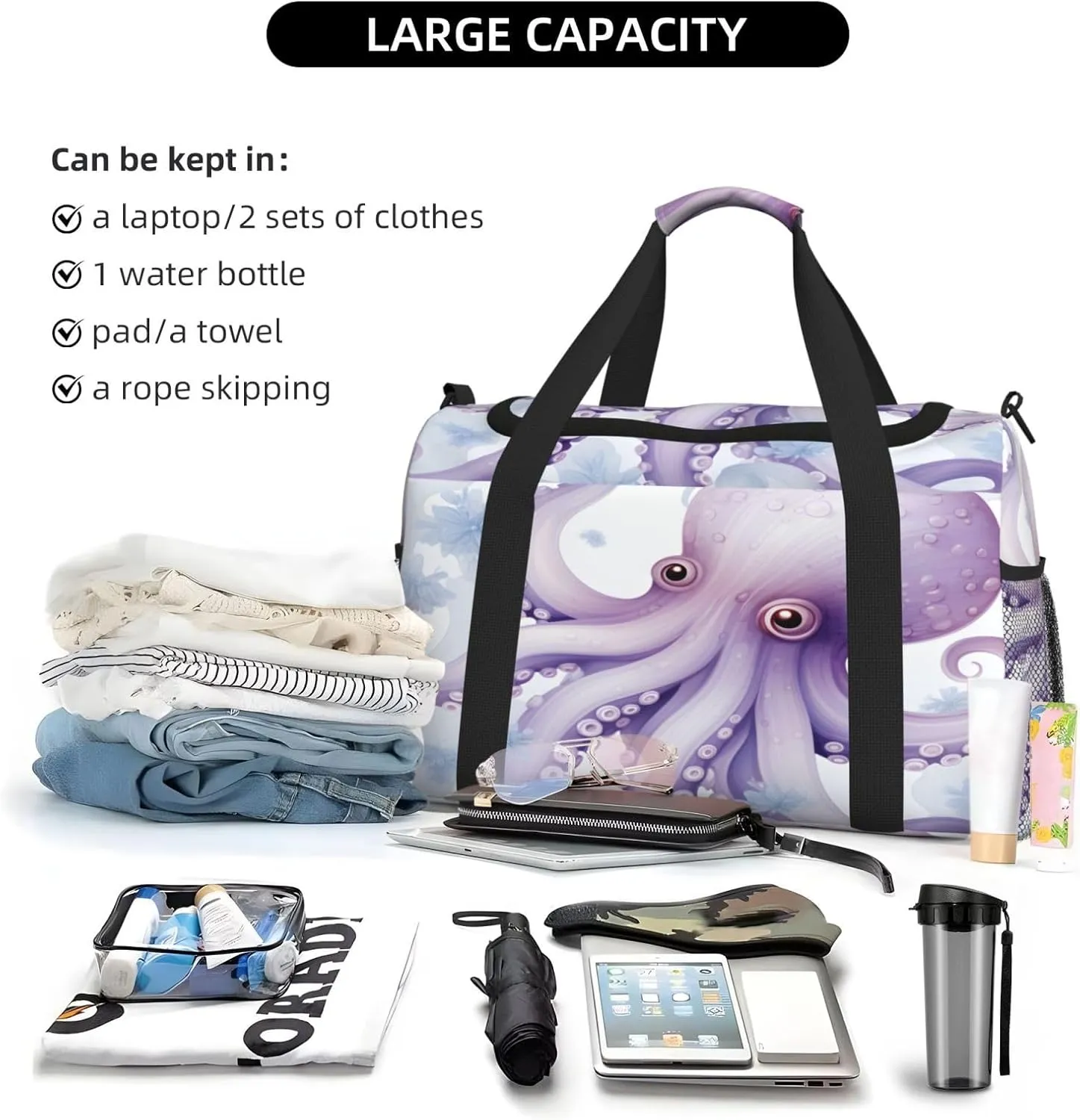 Travel Duffel Bag For Men Women, Cute Sea Octopus Floral Carry On Sport Gym Bag With Shoulder Strap Lightweight Waterproof Weekender Bag Overnight Bag