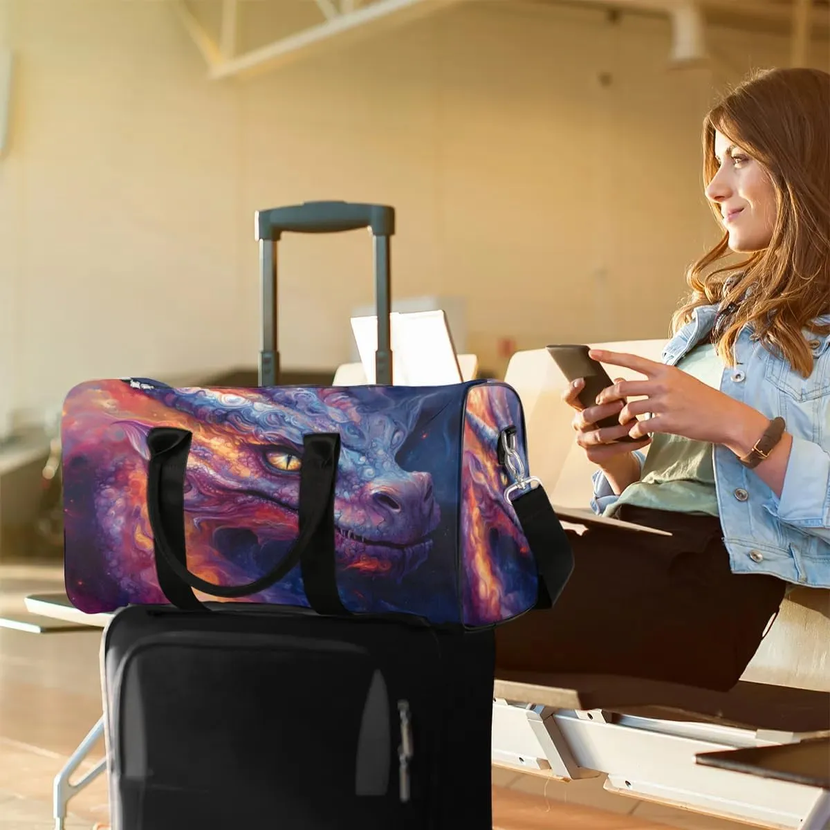 Travel Duffel Bag, Galaxy Animal Evil Dragon Sports Tote Gym Bag Foldable Western Aztec Weekender Bag Carry on Luggage Handle Bag Overnight Shoulder Bag for Women Men,A-254
