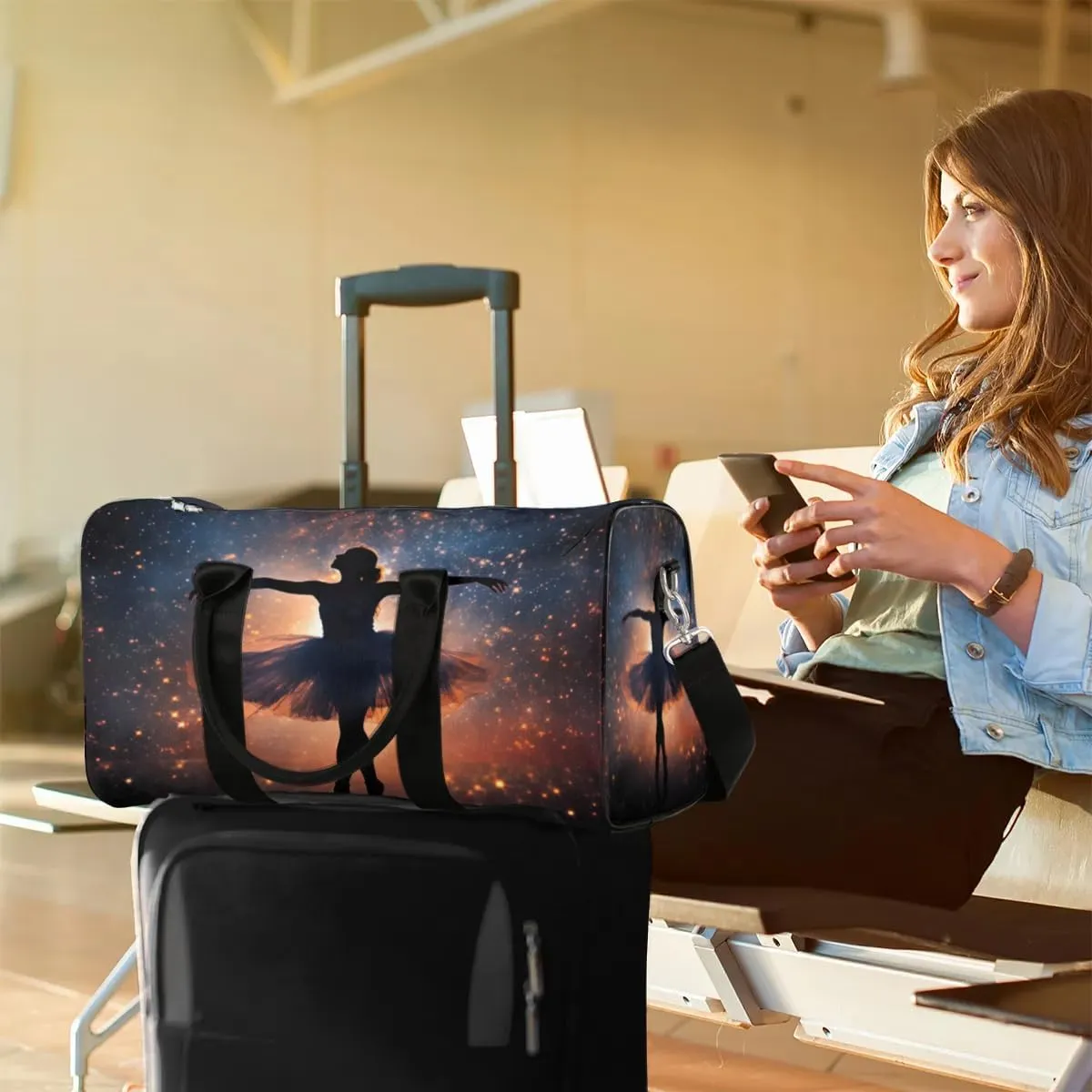 Travel Duffel Bag, Galaxy Starry Sky Ballet Girl Sports Tote Gym Bag Foldable Western Aztec Weekender Bag Carry on Luggage Handle Bag Overnight Shoulder Bag for Women Men,A-276