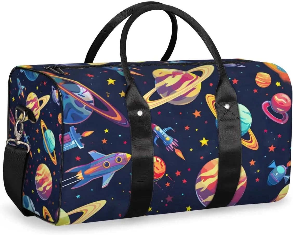 Travel Duffel Bag, Galaxy Universe Rocket Planet Sports Tote Gym Bag Foldable Western Aztec Weekender Bag Carry on Luggage Handle Bag Overnight Shoulder Bag for Women Men,A-002