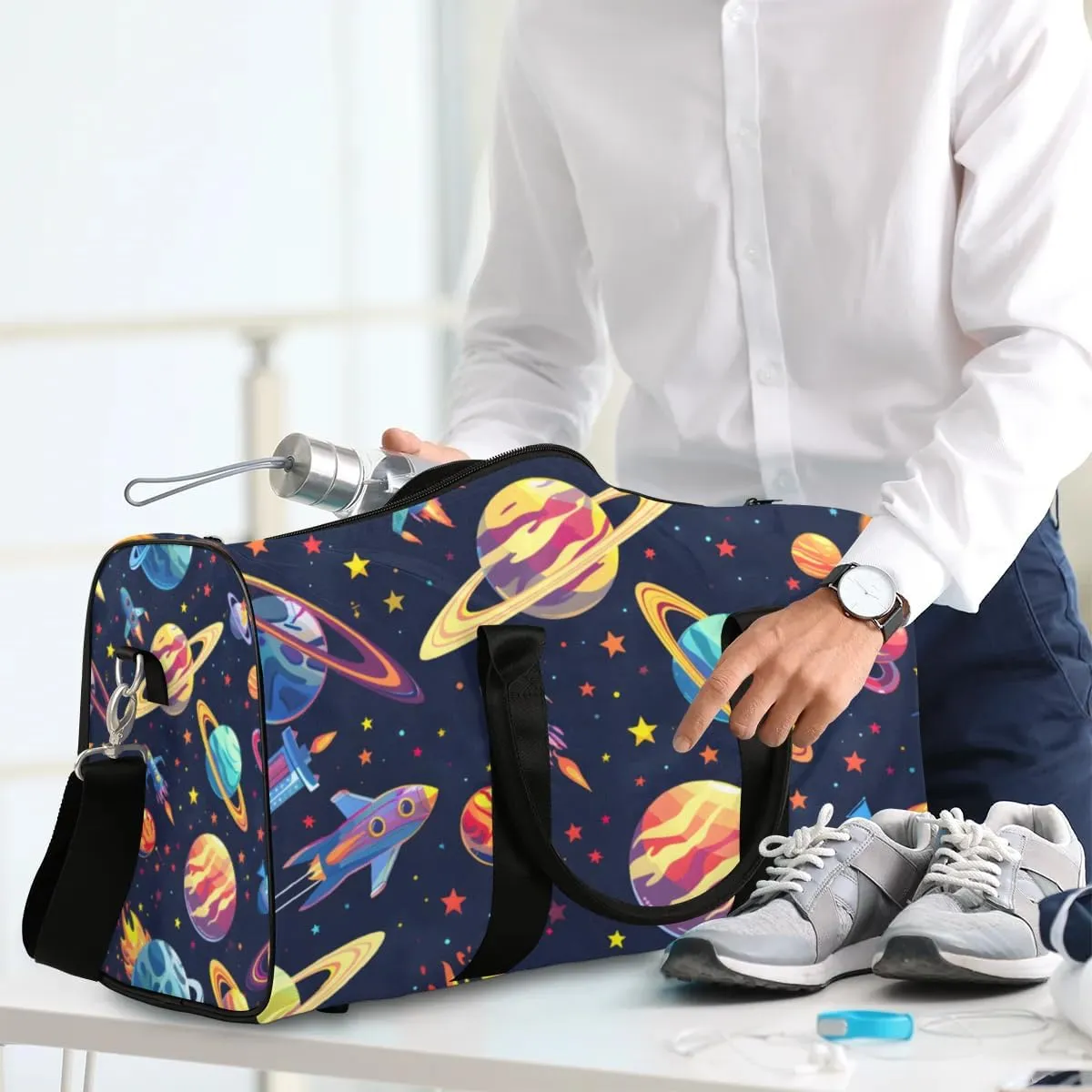 Travel Duffel Bag, Galaxy Universe Rocket Planet Sports Tote Gym Bag Foldable Western Aztec Weekender Bag Carry on Luggage Handle Bag Overnight Shoulder Bag for Women Men,A-002
