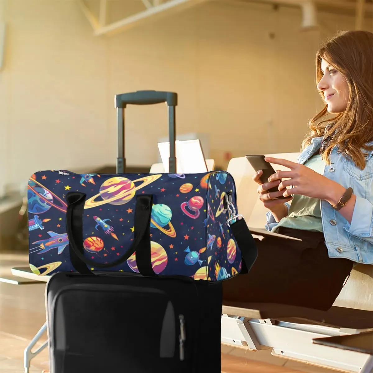 Travel Duffel Bag, Galaxy Universe Rocket Planet Sports Tote Gym Bag Foldable Western Aztec Weekender Bag Carry on Luggage Handle Bag Overnight Shoulder Bag for Women Men,A-002