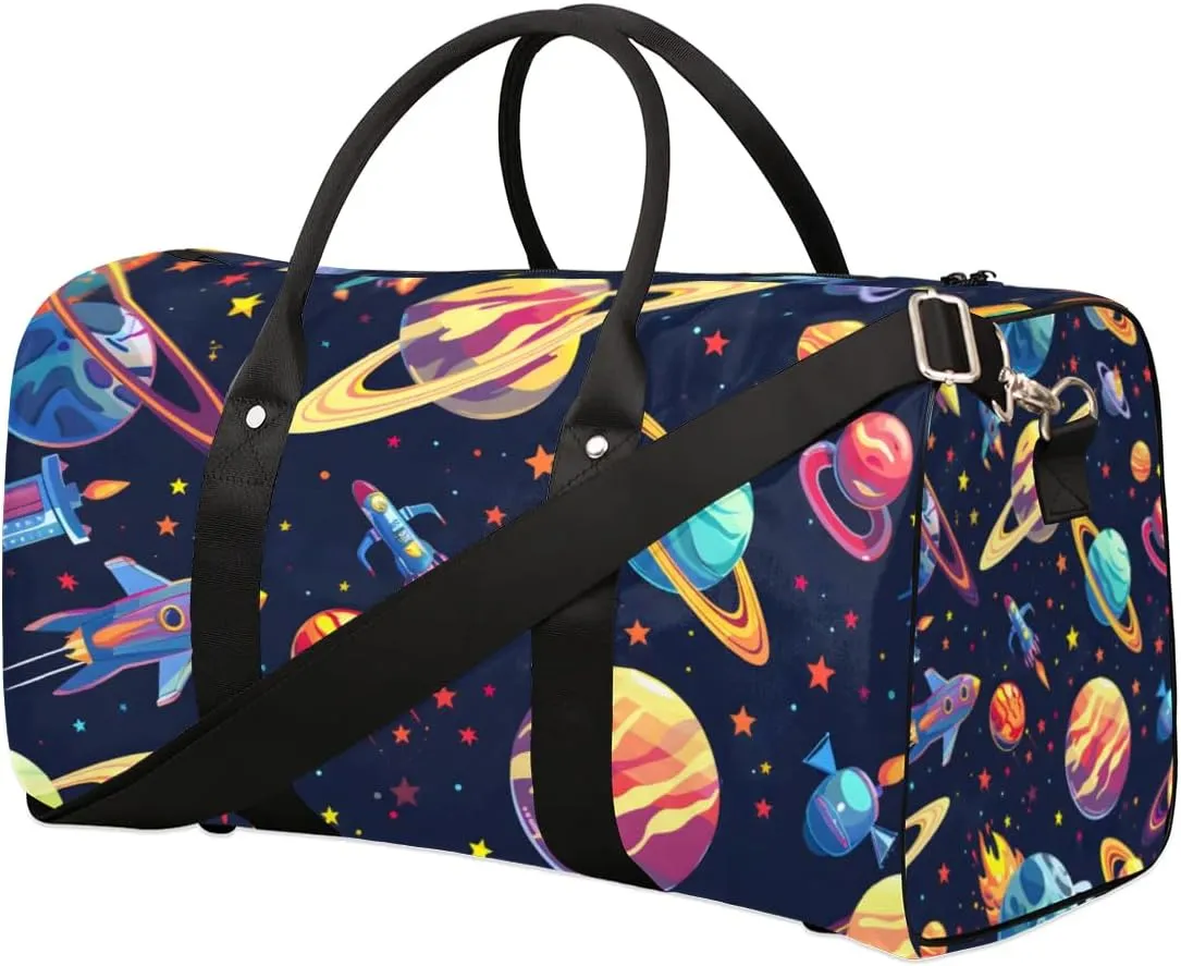 Travel Duffel Bag, Galaxy Universe Rocket Planet Sports Tote Gym Bag Foldable Western Aztec Weekender Bag Carry on Luggage Handle Bag Overnight Shoulder Bag for Women Men,A-002