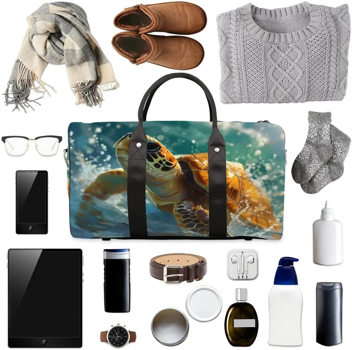 Travel Duffel Bag, Ocean Animal Turtle Sports Tote Gym Bag Foldable Western Aztec Weekender Bag Carry on Luggage Handle Bag Overnight Shoulder Bag for Women Men,A-505