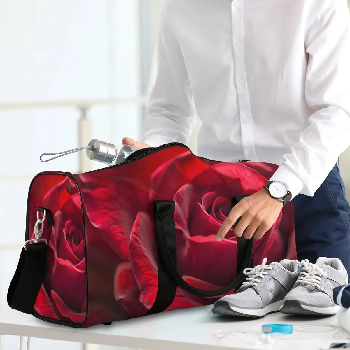 Travel Duffel Bag, Rose Red Flower Floral Sports Tote Gym Bag Foldable Western Aztec Weekender Bag Carry on Luggage Handle Bag Overnight Shoulder Bag for Women Men,A-776