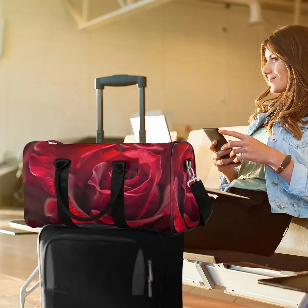 Travel Duffel Bag, Rose Red Flower Floral Sports Tote Gym Bag Foldable Western Aztec Weekender Bag Carry on Luggage Handle Bag Overnight Shoulder Bag for Women Men,A-776
