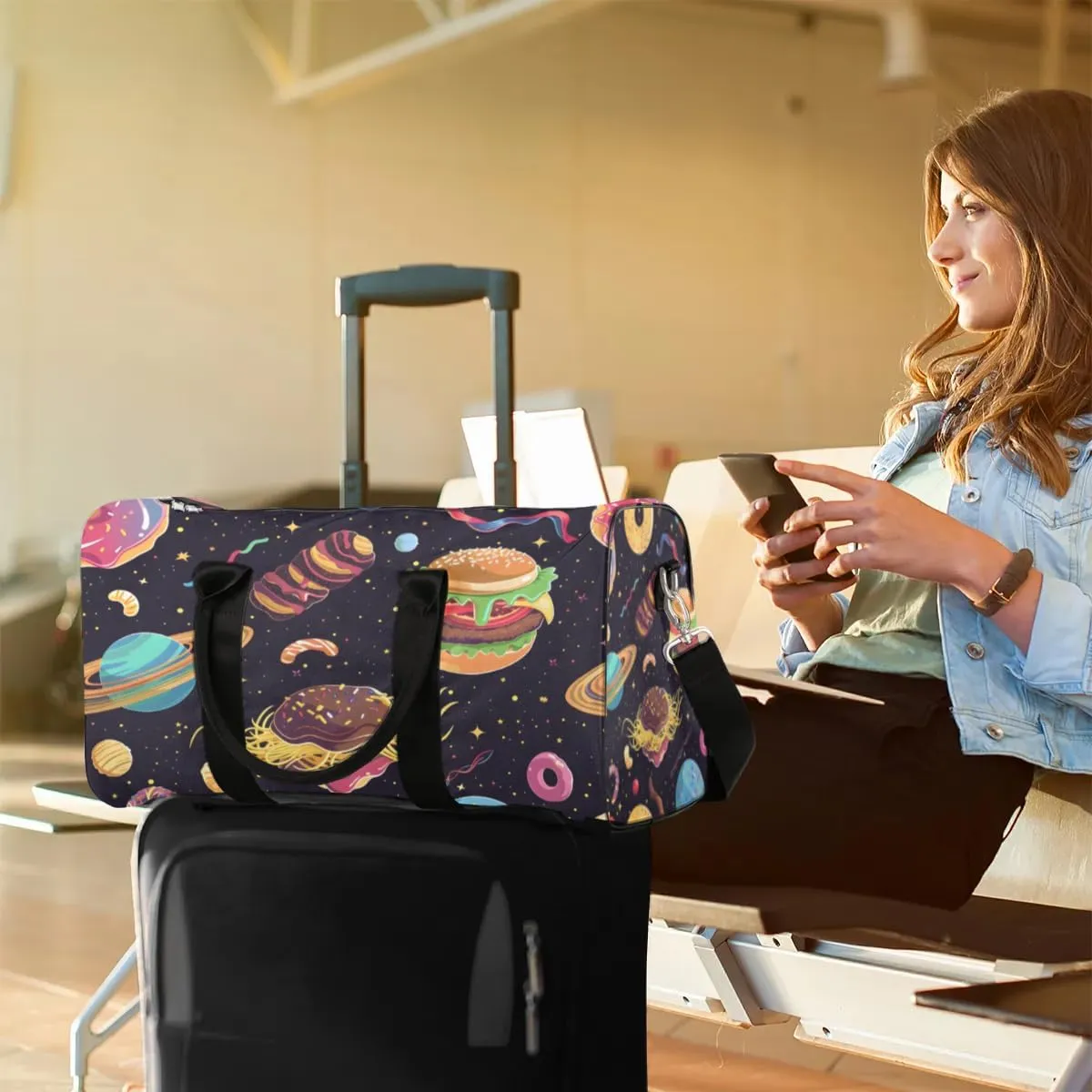 Travel Duffel Bag, Universe Galaxy Food Planet Sports Tote Gym Bag Foldable Western Aztec Weekender Bag Carry on Luggage Handle Bag Overnight Shoulder Bag for Women Men,A-1029