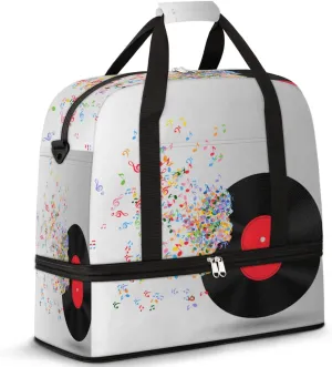 Travel Duffel Bag Vinyl Record Colorful Music Note Sport Gym Bag for Woman Man,Waterproof Foldable Weekend Overnight Bag for Yoga Workout Training with Shoe Compartment