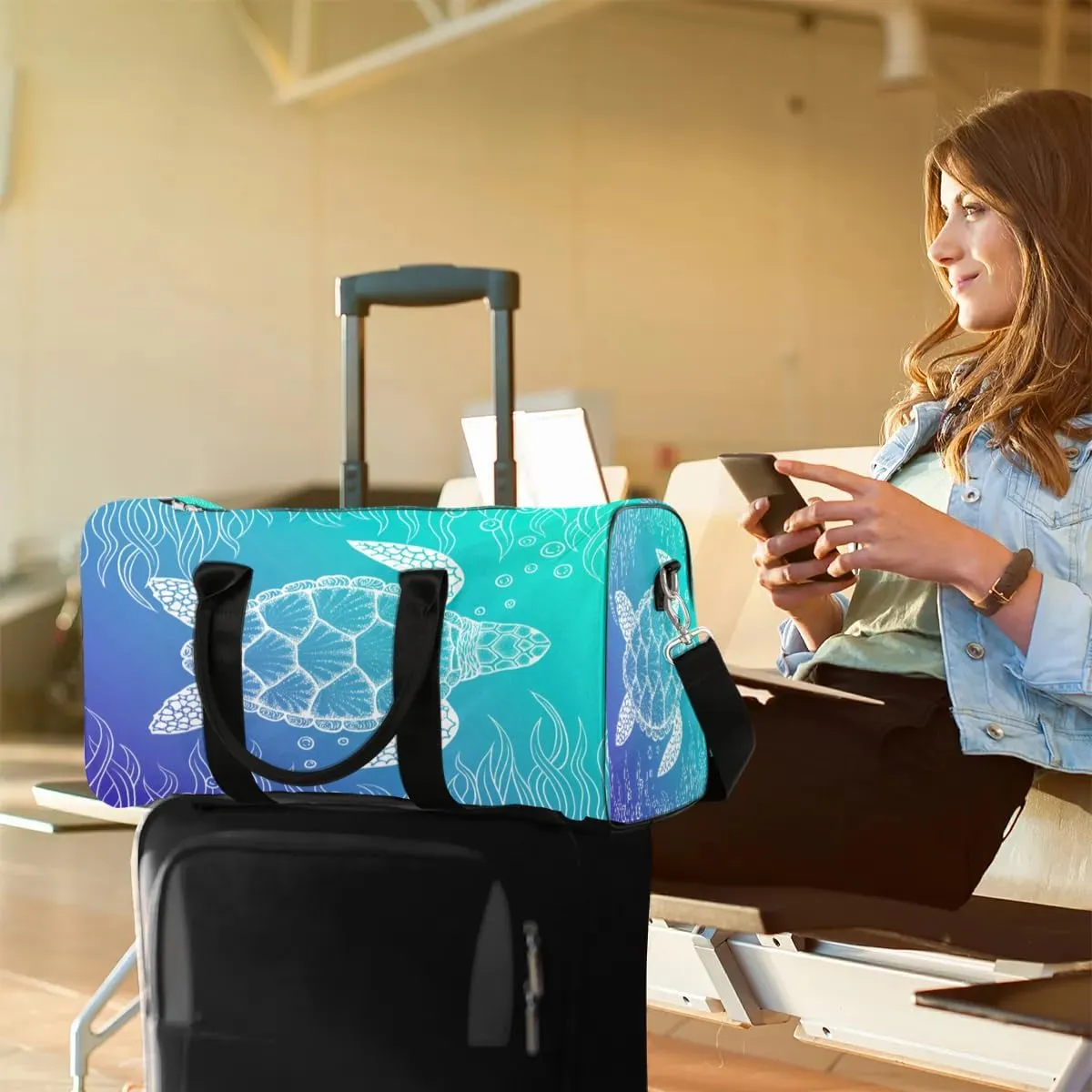 Travel Duffel, Ocean Boho Turtle Sports Tote Gym Foldable Weekender Workout Carry-on Luggage With Handle, Overnight Shoulder Bag for Women Men